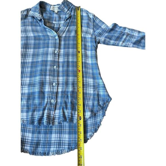 Anthropologie Cloth & Stone Woman’s Blue Plaid Flannel Shirt Button Front Fringe - Picture 5 of 7